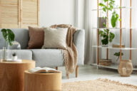 Modern living room in natural, botanical style